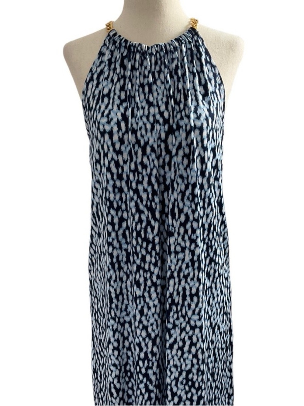 MICHAEL Michael Kors Navy and White Chain-Detail Halter Maxi Dress
